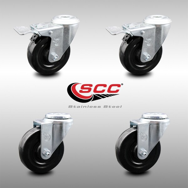 4 Inch SS Hard Rubber Wheel Swivel Bolt Hole Caster Set with 2 Total Lock Brakes